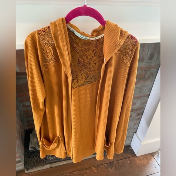 Maurice’s Large Mustard Yellow Hooded Lace Insert Cardigan Long Sleeve Autumn - Picture 2 of 6